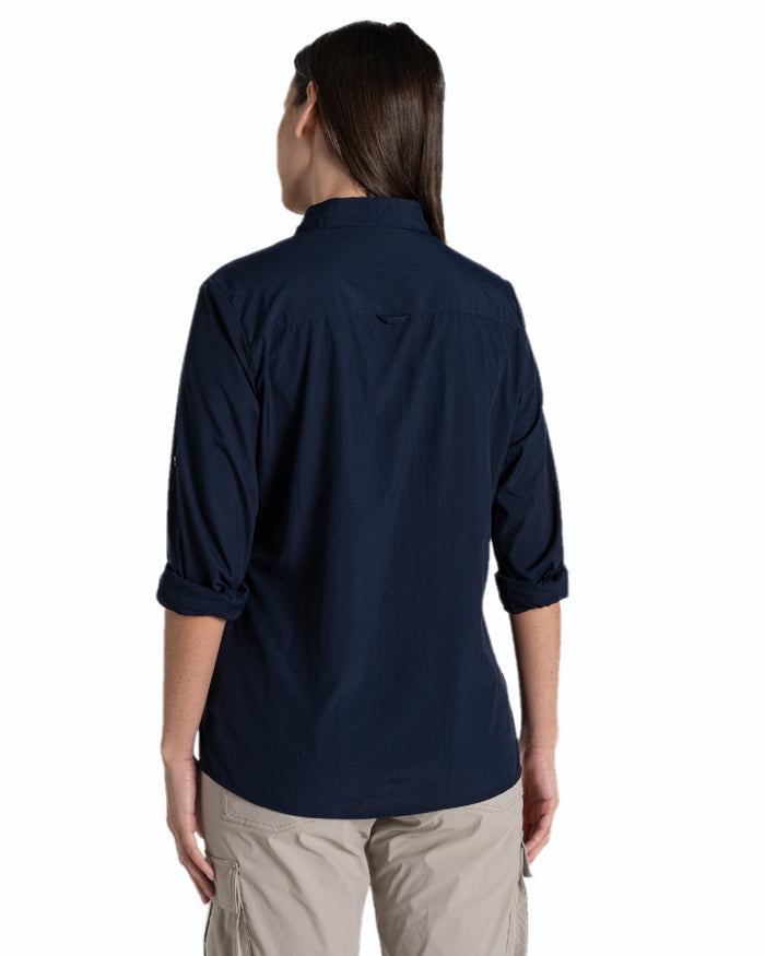 Blue Navy coloured Craghoppers Womens NosiLife Freeda Long Sleeved Shirt on white background #colour_blue-navy