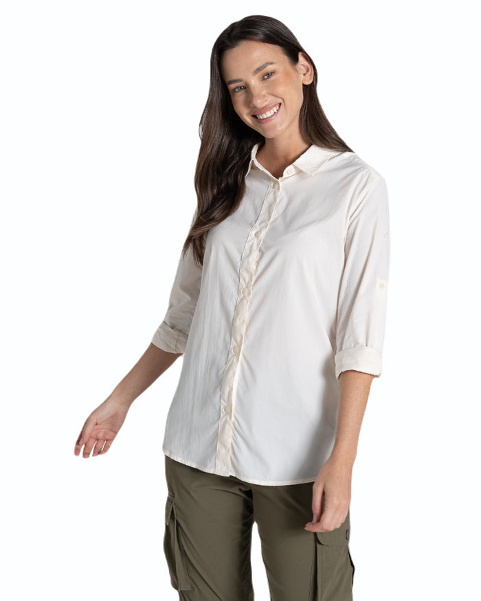 Sea Salt coloured Craghoppers Womens NosiLife Freeda Long Sleeved Shirt on white background #colour_sea-salt
