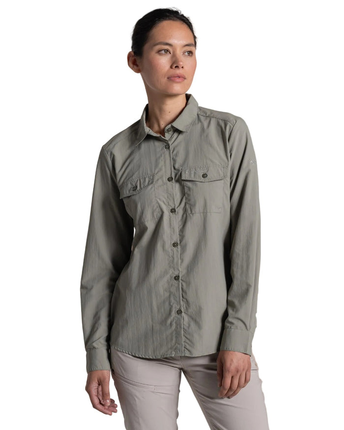 Vert coloured Craghoppers Womens NosiLife Loukkos Long Sleeved Shirt on white background #colour_vert