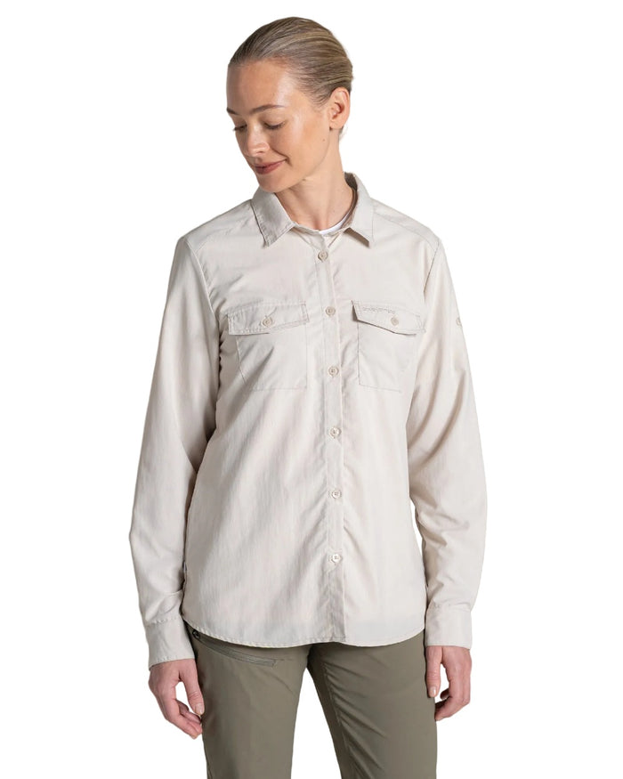 Oyster coloured Craghoppers Womens NosiLife Loukkos Long Sleeved Shirt on white background #colour_oyster