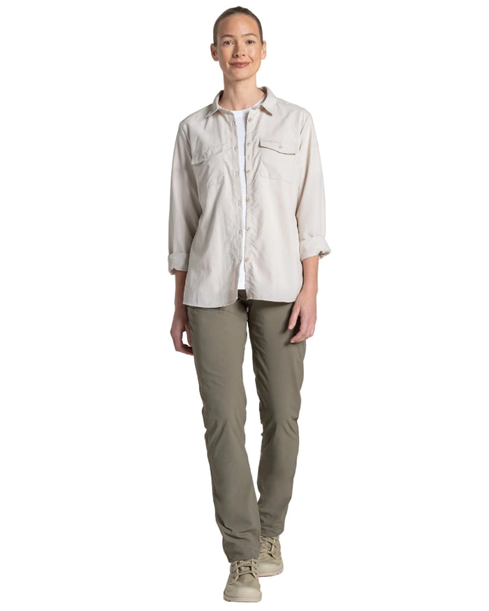 Oyster coloured Craghoppers Womens NosiLife Loukkos Long Sleeved Shirt on white background #colour_oyster