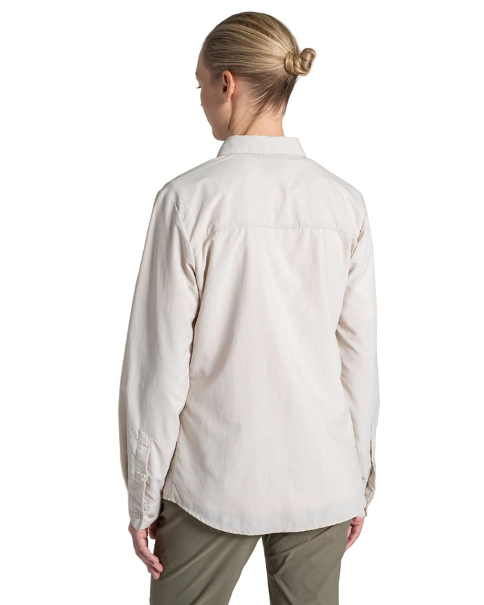 Oyster coloured Craghoppers Womens NosiLife Loukkos Long Sleeved Shirt on white background #colour_oyster
