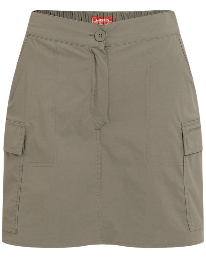 Wild Olive coloured Craghoppers Womens NosiLife Pro Cargo Skort on white background #colour_wild-olive
