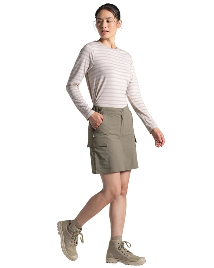 Wild Olive coloured Craghoppers Womens NosiLife Pro Cargo Skort on white background #colour_wild-olive