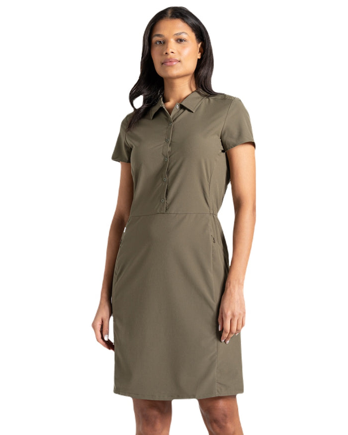 Wild Olive coloured Craghoppers Womens NosiLife Pro Dress IV on white background #colour_wild-olive