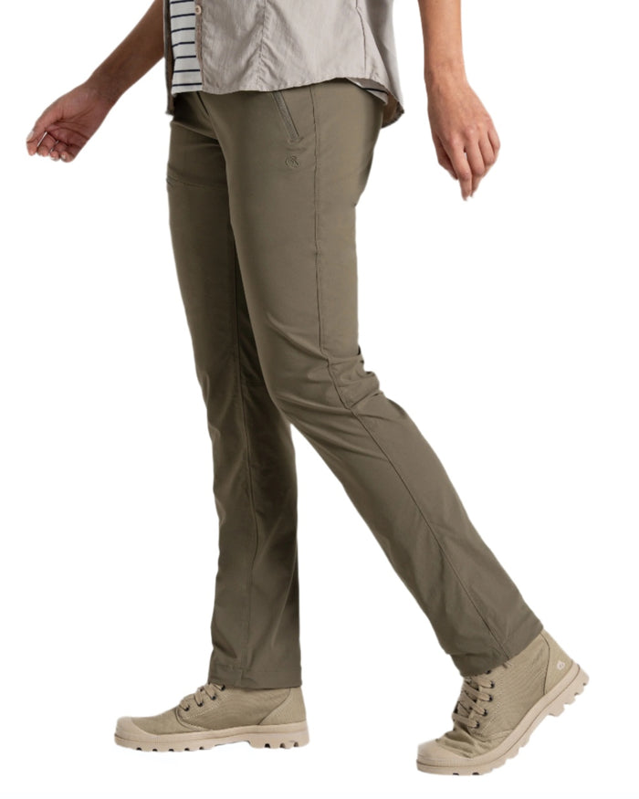 Wild Olive coloured Craghoppers Womens NosiLife Pro Trousers III on white background #colour_wild-olive