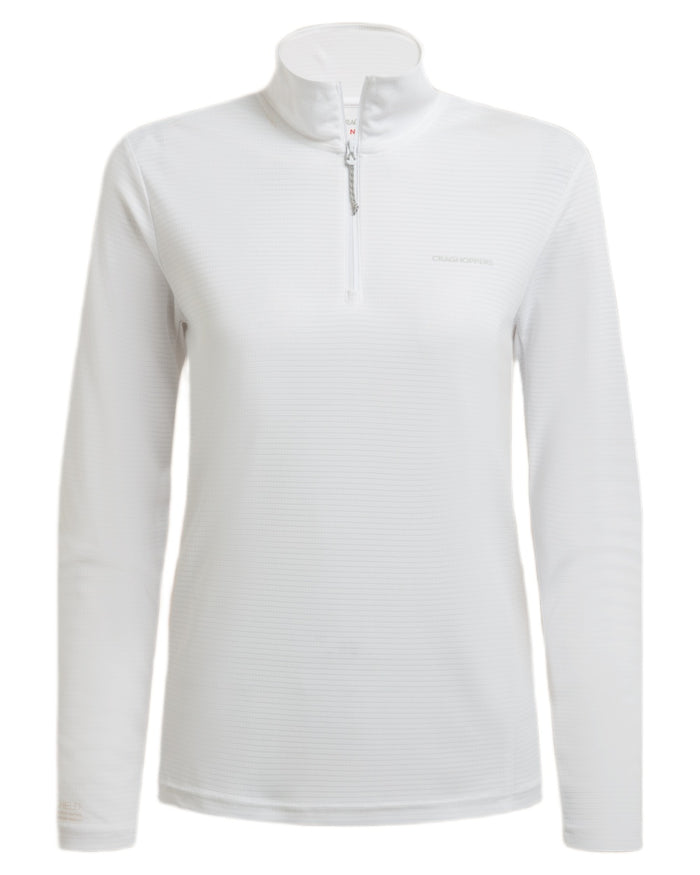 White coloured Craghoppers Womens NosiLife SolarShield+ Half Zip Top on white background #colour_white