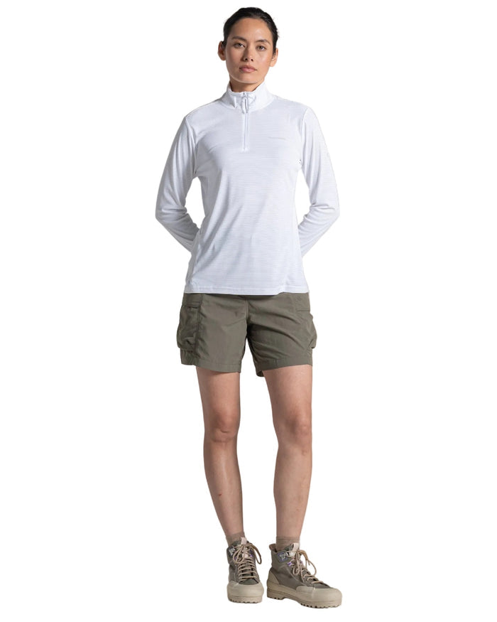 White coloured Craghoppers Womens NosiLife SolarShield+ Half Zip Top on white background #colour_white