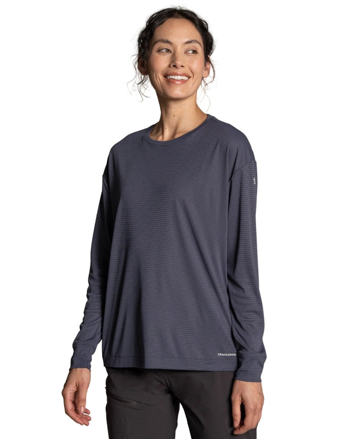 Anthracite coloured Craghoppers Womens NosiLife SolarShield+ Long Sleeved T-Shirt on white background #colour_anthracite