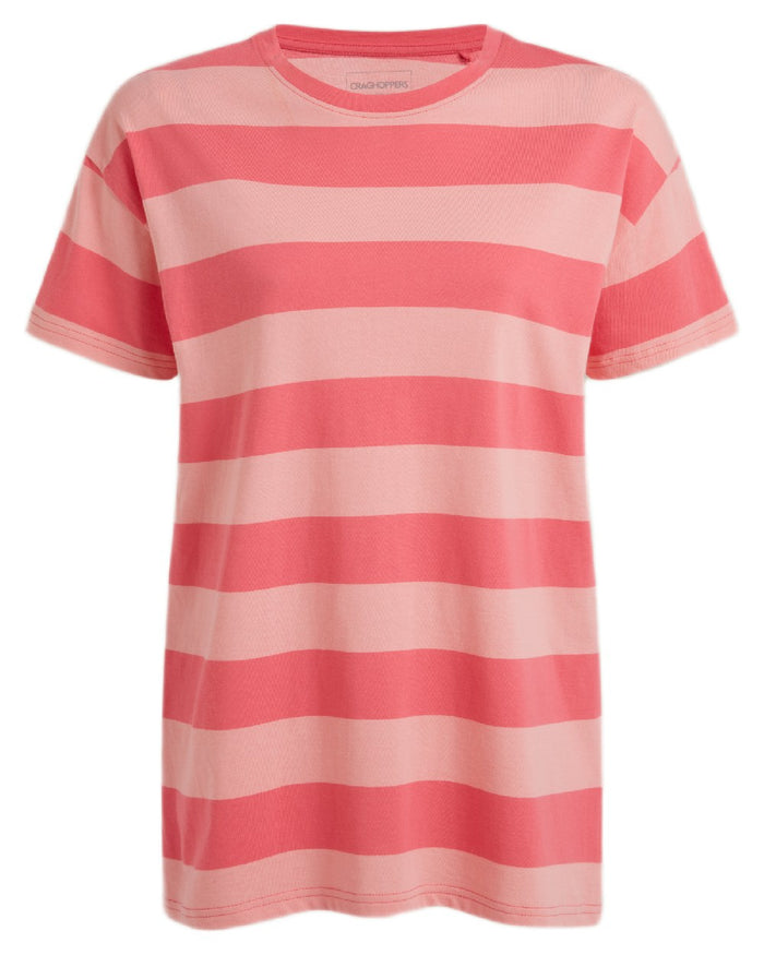 Coral Reef  Stripe Coloured Craghoppers Womens Yago Short Sleeved Top on White Background
#colour_coral-reef-stripe