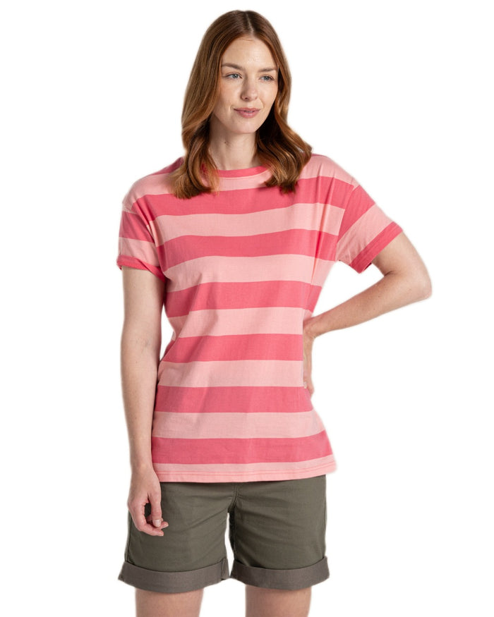Coral Reef  Stripe Coloured Craghoppers Womens Yago Short Sleeved Top on White Background
#colour_coral-reef-stripe