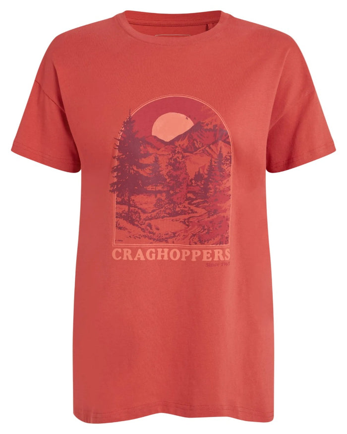 Compote Red Coloured Craghoppers Womens Yago Short Sleeved Top on White Background #colour_compote-red