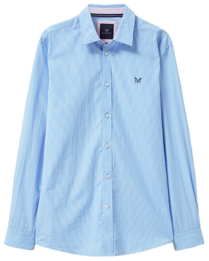 Heritage Sky Blue Coloured Crew Clothing Mens Micro Stripe Classic Shirt on white background #colour_heritage-sky-blue