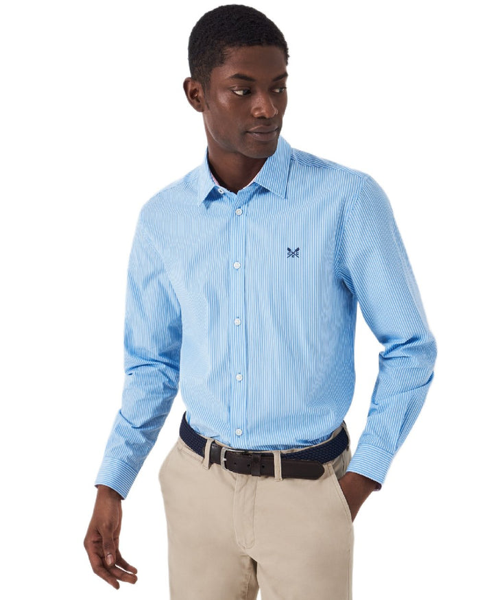 Heritage Sky Blue Coloured Crew Clothing Mens Micro Stripe Classic Shirt on white background #colour_heritage-sky-blue