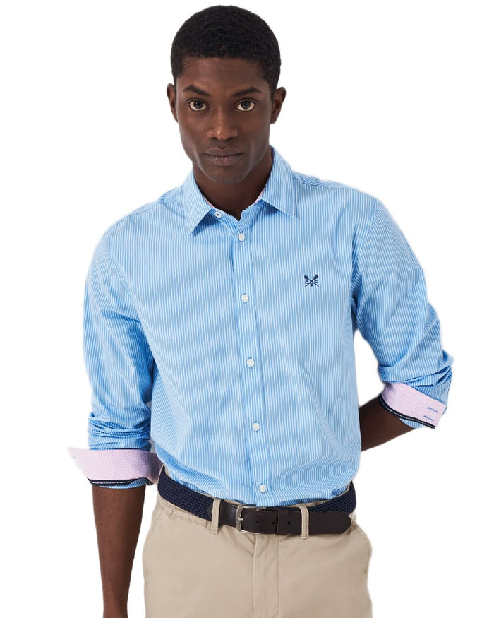 Heritage Sky Blue Coloured Crew Clothing Mens Micro Stripe Classic Shirt on white background #colour_heritage-sky-blue