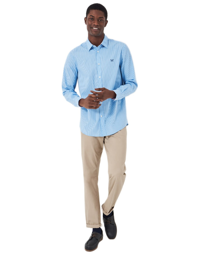Heritage Sky Blue Coloured Crew Clothing Mens Micro Stripe Classic Shirt on white background #colour_heritage-sky-blue