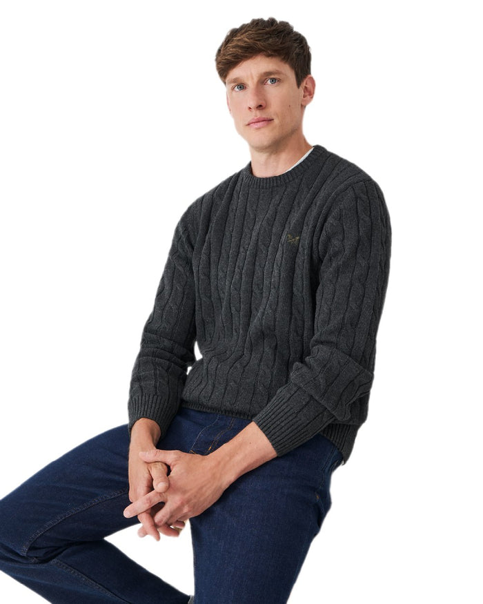 Charcoal Marl Coloured Crew Clothing Mens Oarsman Cable Knit Organic Cotton Crew Neck Jumper on white background #colour_charcoal-marl