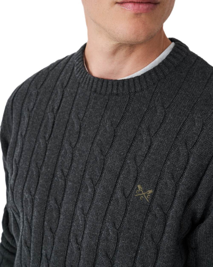 Charcoal Marl Coloured Crew Clothing Mens Oarsman Cable Knit Organic Cotton Crew Neck Jumper on white background #colour_charcoal-marl