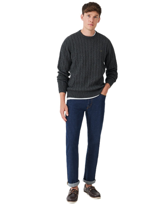 Charcoal Marl Coloured Crew Clothing Mens Oarsman Cable Knit Organic Cotton Crew Neck Jumper on white background #colour_charcoal-marl