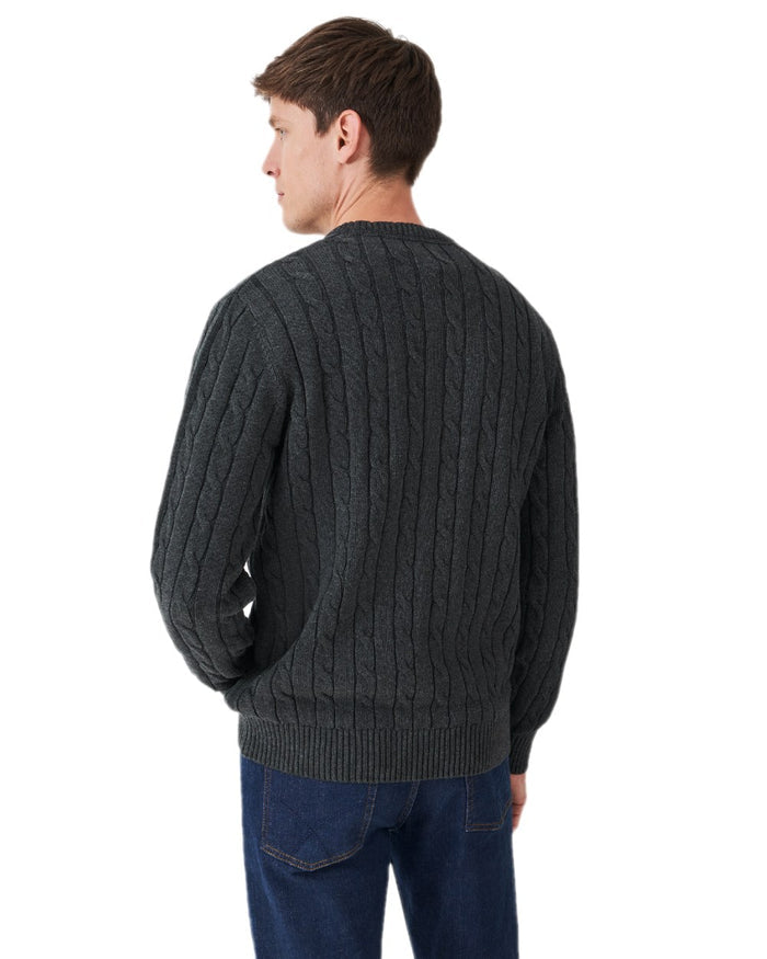 Charcoal Marl Coloured Crew Clothing Mens Oarsman Cable Knit Organic Cotton Crew Neck Jumper on white background #colour_charcoal-marl