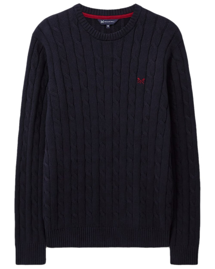 Navy Coloured Crew Clothing Mens Oarsman Cable Knit Organic Cotton Crew Neck Jumper on white background #colour_navy