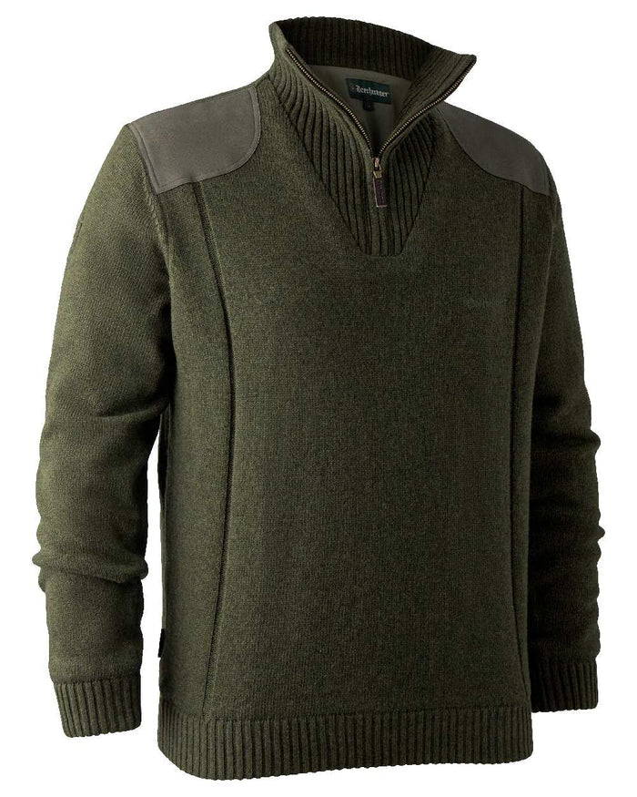 Green Melange coloured Deerhunter Carlisle Knit with Stormliner Zip Neck Sweater on white background #colour_green-melange