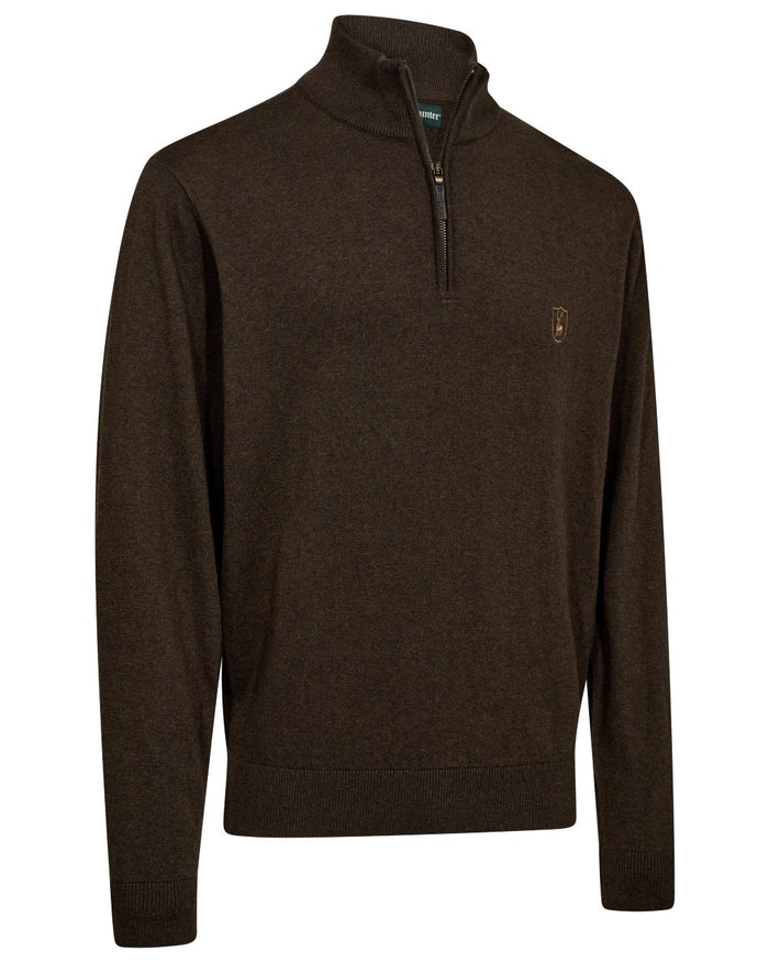 Brown Melange coloured Deerhunter Harrington Half Zip Knit Sweater on white background #colour_brown-melange