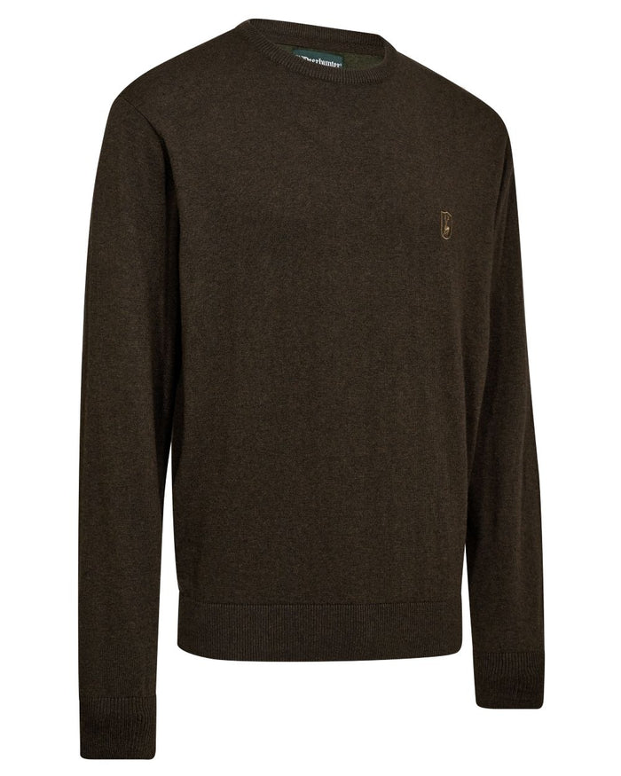 Brown Melange coloured Deerhunter Mens Harrington O-Neck Knit Pullover on white background #colour_brown-melange