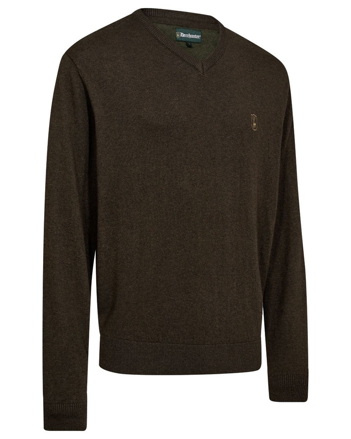 Brown Melange coloured Deerhunter Mens Harrington V-Neck Knit Pullover on white background #colour_brown-melange