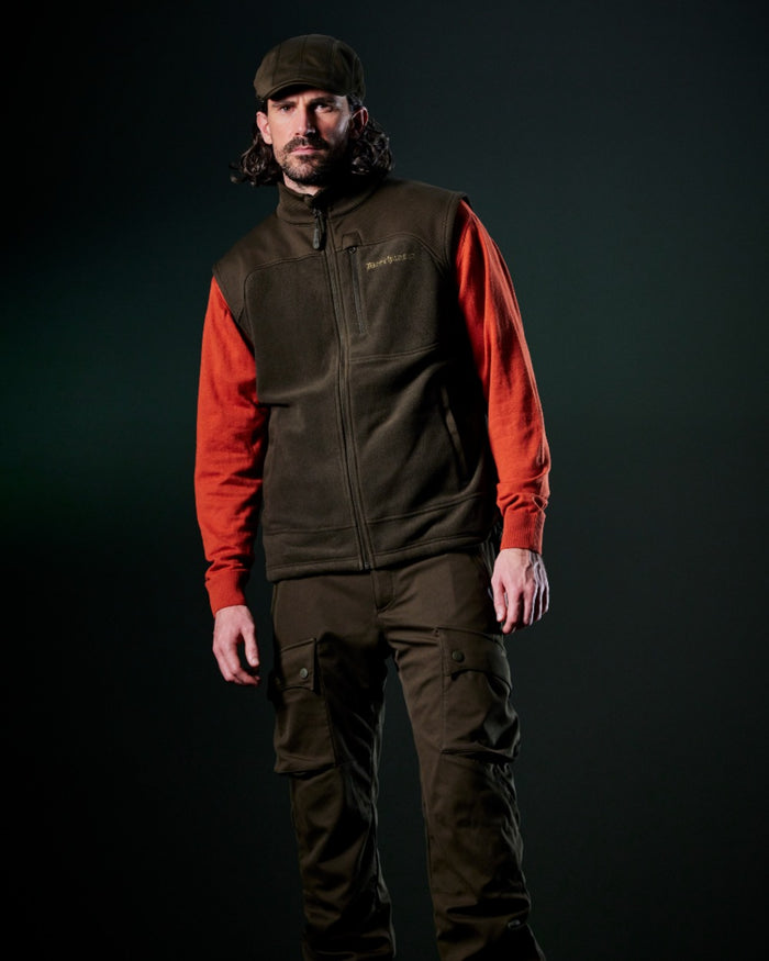 Oak Rust Melange coloured Deerhunter Mens Harrington V-Neck Knit Pullover on dark background #colour_oak-rust-melange