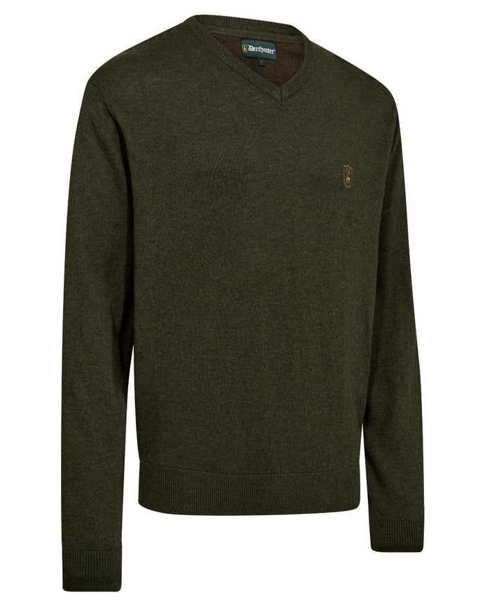 Forest Ember Melange coloured Deerhunter Mens Harrington V-Neck Knit Pullover on white background #colour_forest-ember-melange