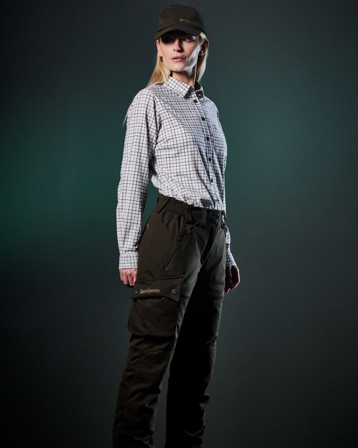 Beige Check coloured Deerhunter Lady Grace Shirt on dark background #colour_beige-check