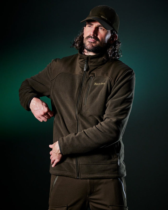 Art Green coloured Deerhunter Mens Muflon Pro Fleece Jacket on forest background #colour_art-green