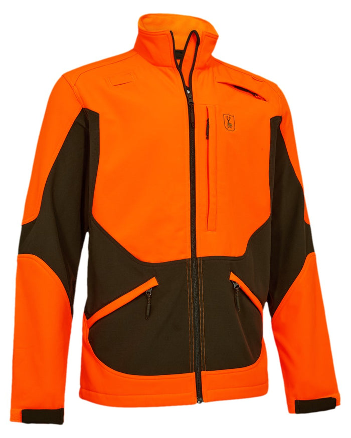Safety Orange Coloured Deerhunter Rogaland Softshell Jacket on white background #colour_safety-orange