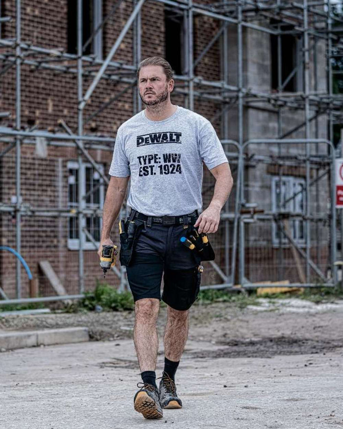 Grey Black Coloured DeWalt Hamden Shorts on outdoor background #colour_grey-black