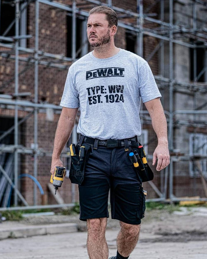 Grey Black Coloured DeWalt Hamden Shorts on outdoor background #colour_grey-black