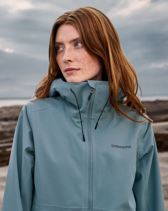 Factory Blue coloured Didriksons Bea Womens Parka 6 on sea background #colour_factory-blue