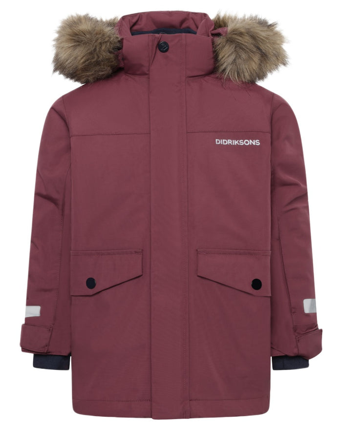Anemon Red Coloured Didriksons Childrens Bjärven Parka on white background #colour_anemon-red
