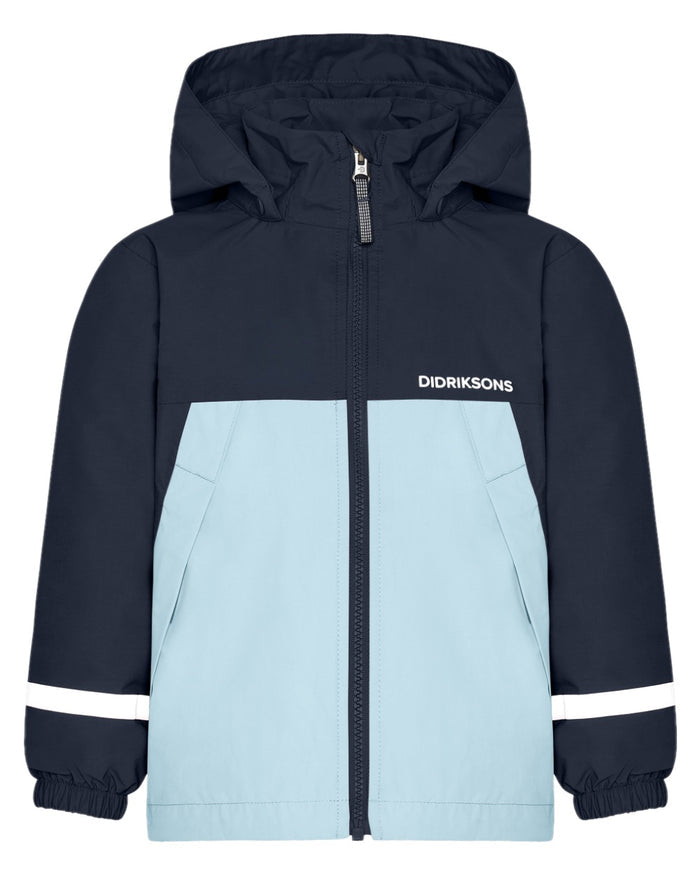 Navy coloured Didriksons Childrens Bladet Jacket on white background #colour_navy