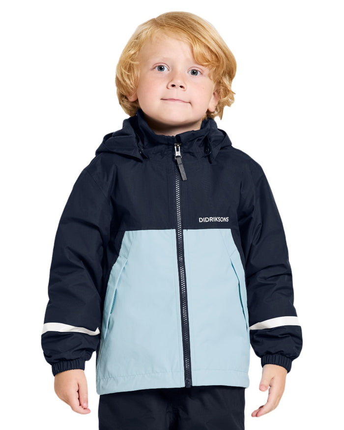 Navy coloured Didriksons Childrens Bladet Jacket on white background #colour_navy