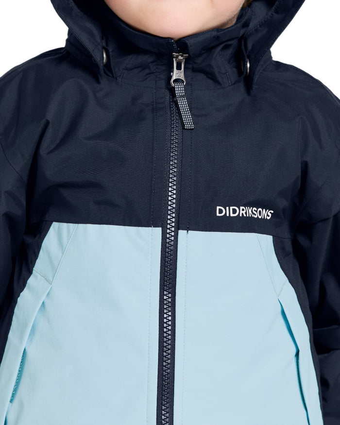 Navy coloured Didriksons Childrens Bladet Jacket on white background #colour_navy