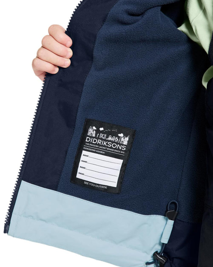 Navy coloured Didriksons Childrens Bladet Jacket on white background #colour_navy