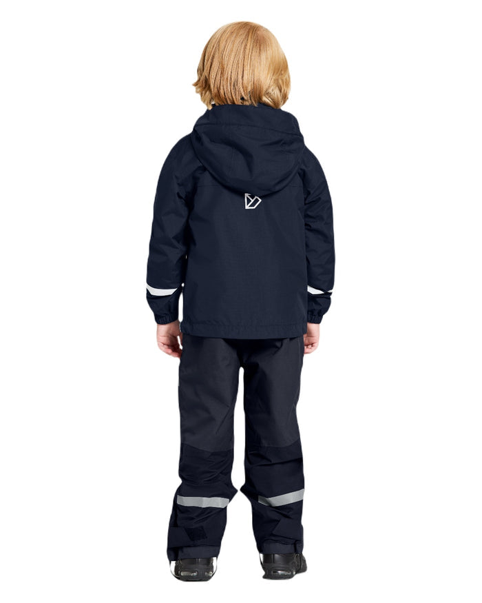Navy coloured Didriksons Childrens Bladet Jacket on white background #colour_navy