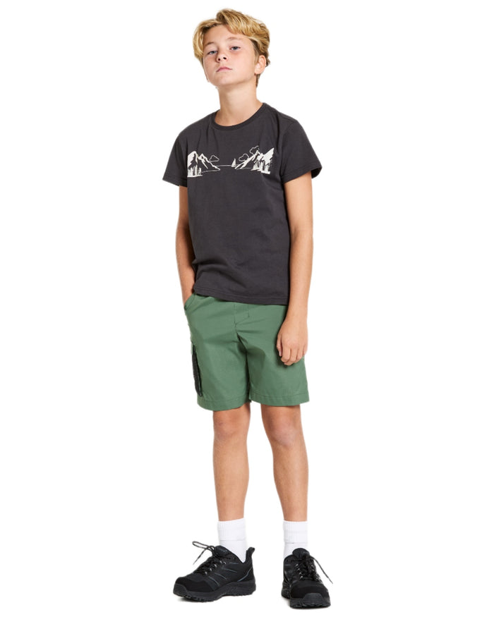 Dark Moss coloured Didriksons Childrens Eken Shorts on white background #colour_dark-moss