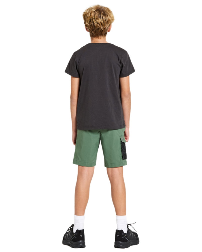 Dark Moss coloured Didriksons Childrens Eken Shorts on white background #colour_dark-moss