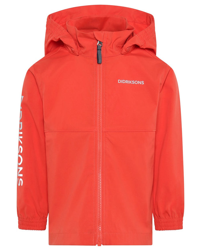 Paprika coloured Didriksons Childrens Hallon Jacket on white background #colour_paprika