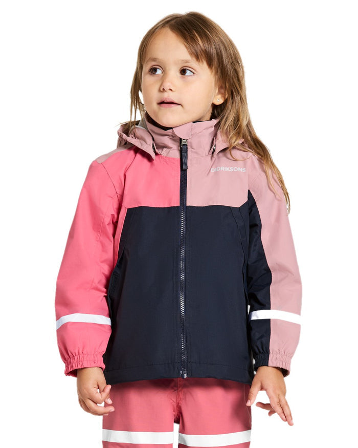 Soft Pink coloured Didriksons Childrens Pilvi Jacket on white background #colour_soft-pink