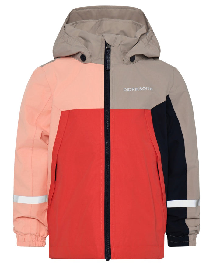 Powder Peach coloured Didriksons Childrens Pilvi Waterproof Jacket on white background #colour_powder-peach