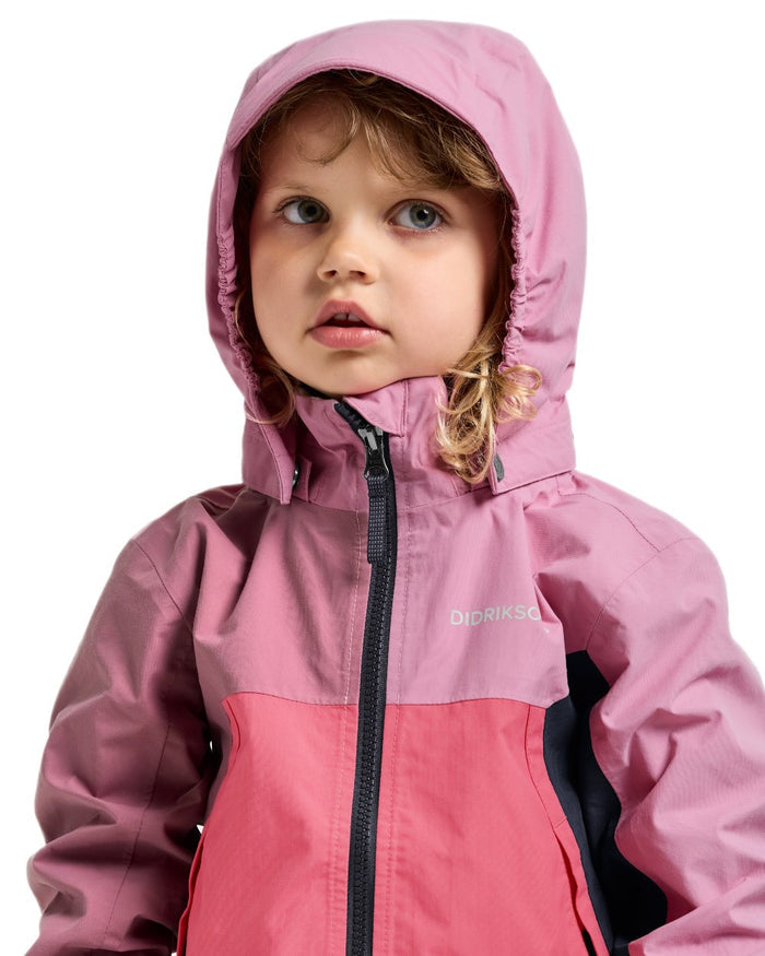 Heather Pink coloured Didriksons Childrens Pilvi Waterproof Jacket on white background #colour_heather-pink