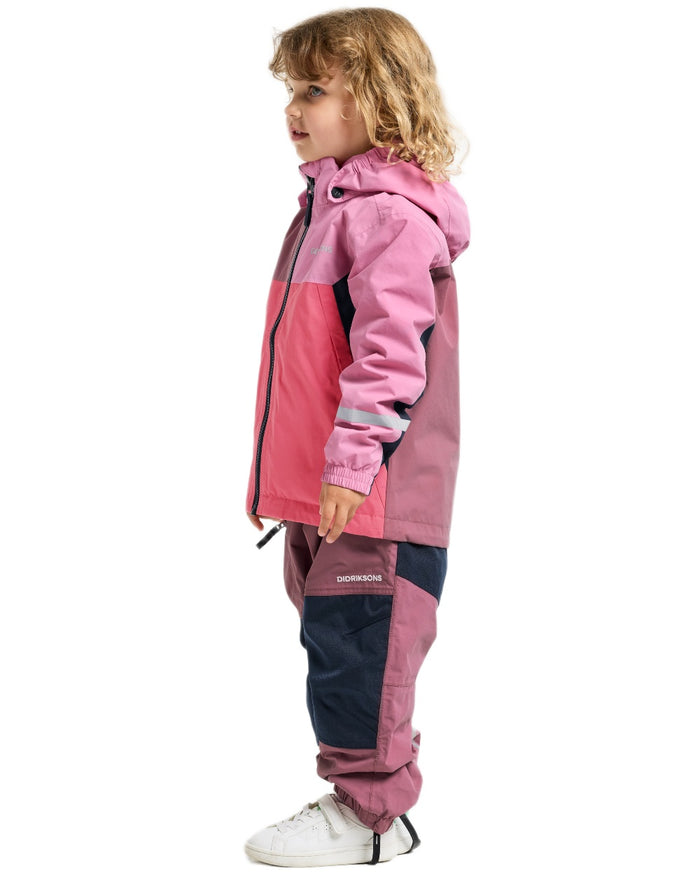 Heather Pink coloured Didriksons Childrens Pilvi Waterproof Jacket on white background #colour_heather-pink